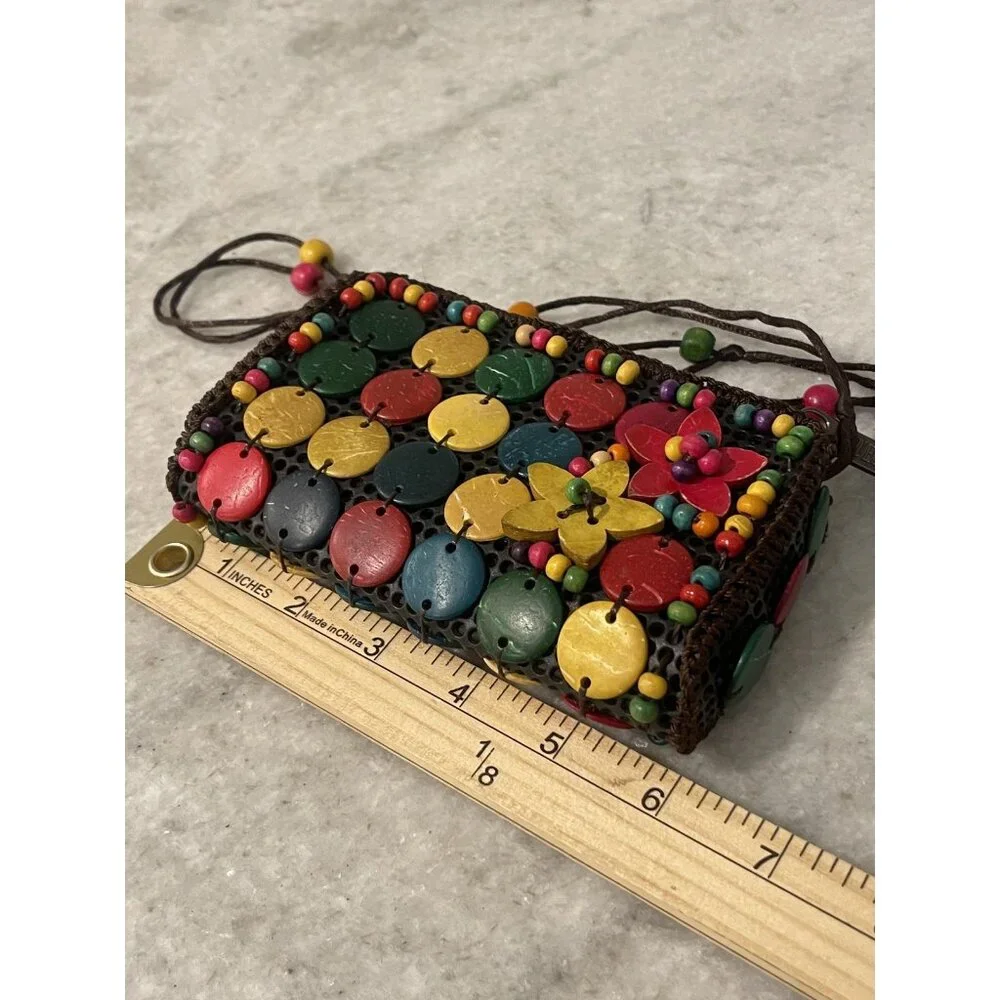 Beaded Crossbody Bag Womens Mini Multicolor Wood‎ Disc Puerto Rico Boho Flower